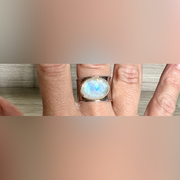 Designer Sundance Sterling Silver & Gold Hammered Wide Band Moonstone Ring - Picture 8 of 11